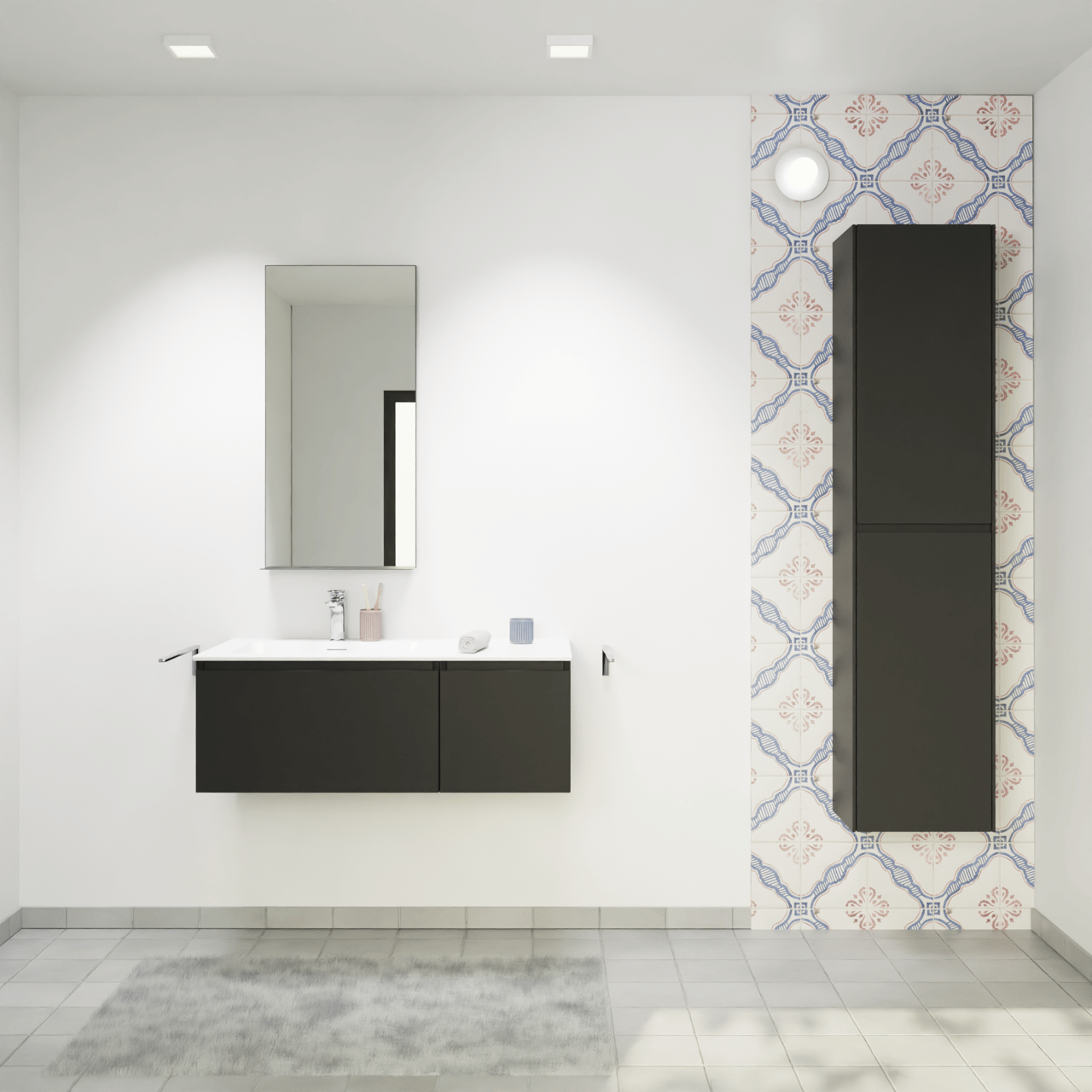 Storke Edge hängendes Möbelstück Set: 100 x 52 cm, Schwarz matt, mit Mata Waschtisch links, Solid Surface Weiß matt