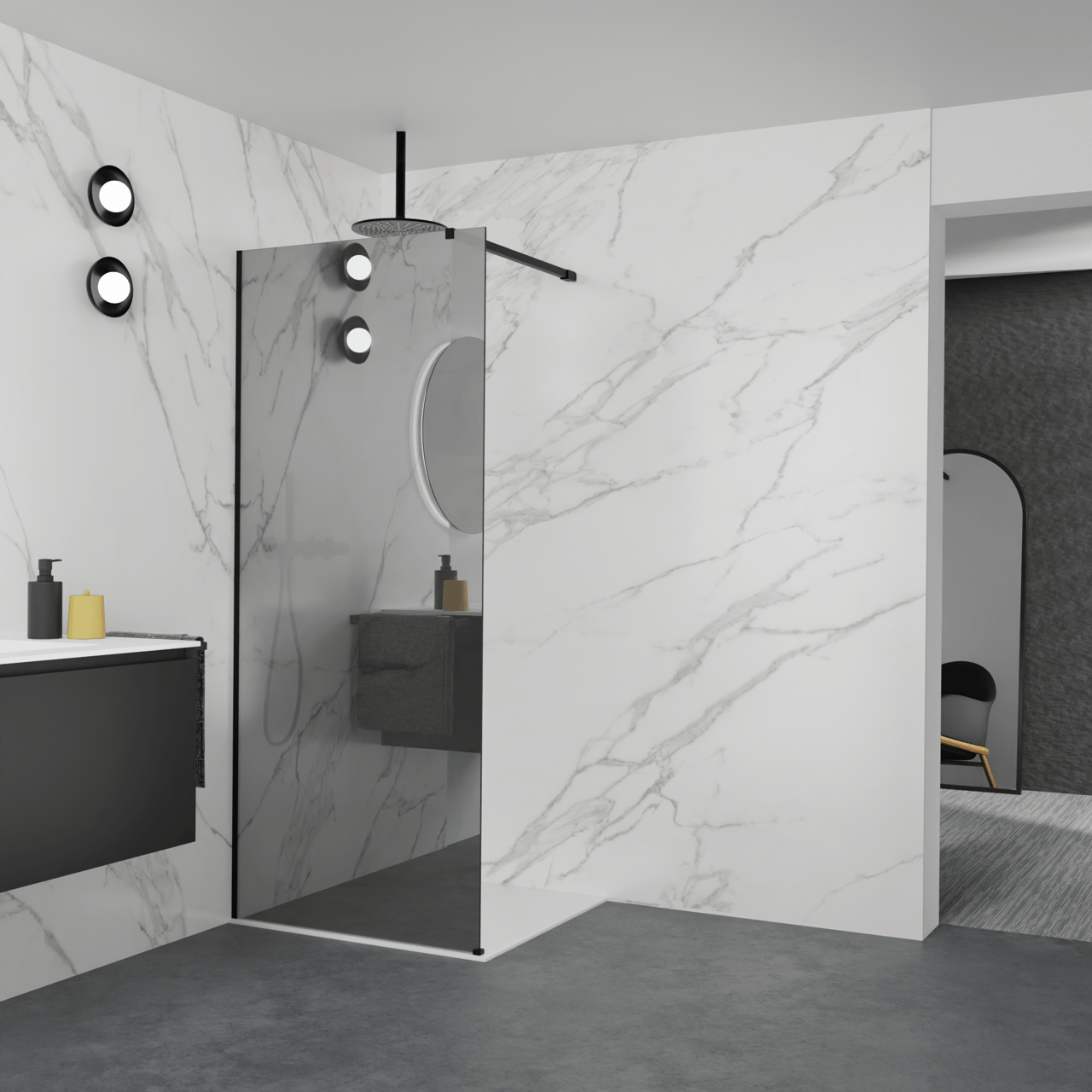 Balmani Modular Walk-In Dusche: 90 x 200 cm, Reflex-Spiegelglas, Profil Schwarz matt