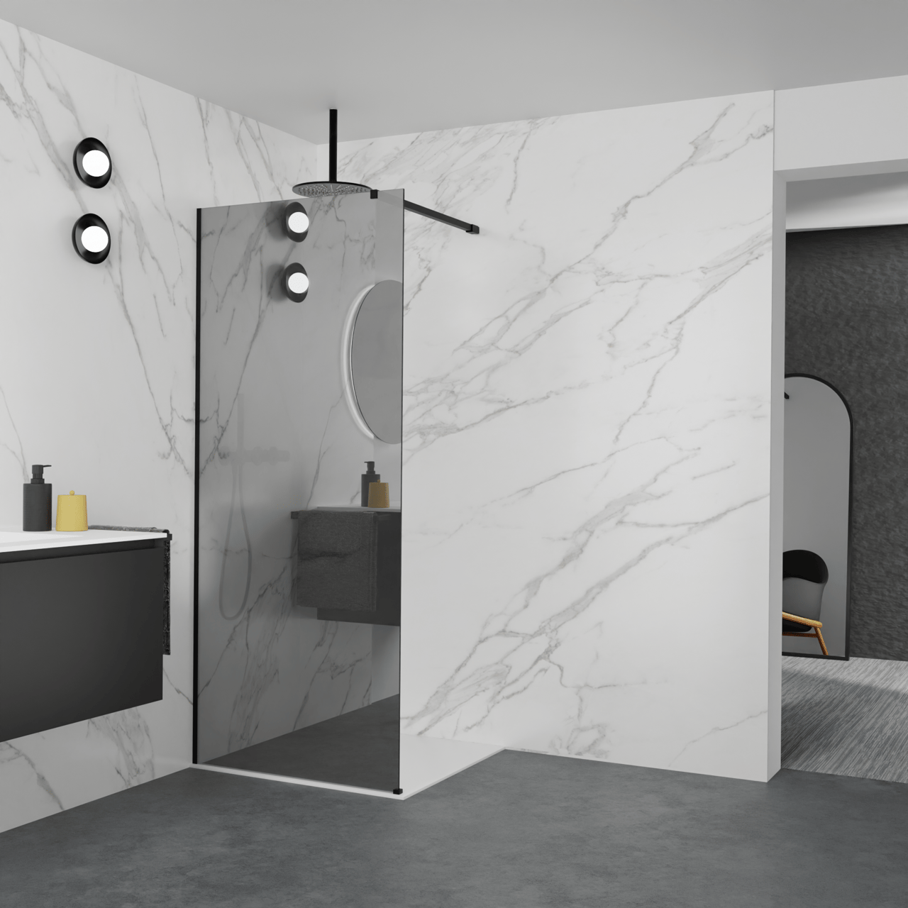 Balmani Modular inloopdouche: 90 x 200 cm, Reflex spiegelglas, Mat zwarte profielen