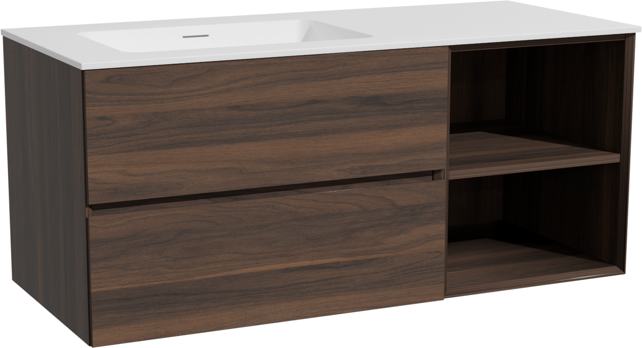 Storke Edge hängendes Möbelstück Set: 120 x 52 cm, Nussbaum, mit Mata Waschtisch links, Solid Surface Weiß matt