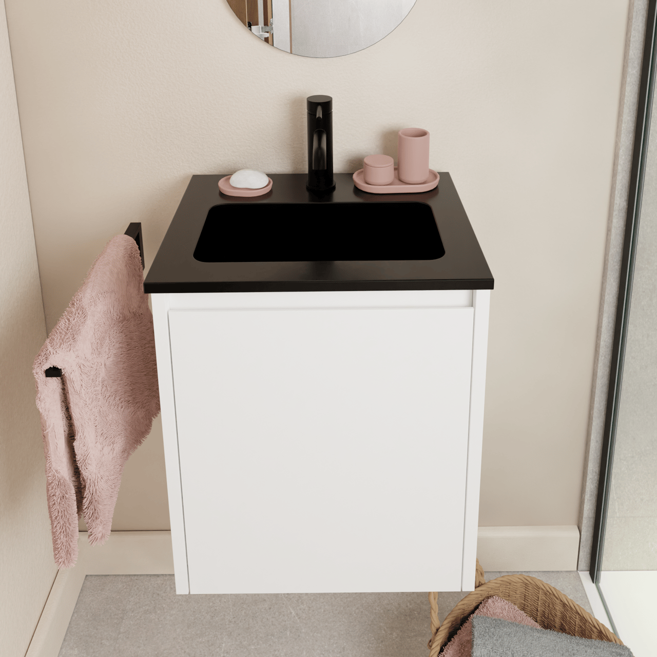 Storke Seda hängendes Möbelstück Set: 45 x 35 cm, Weiß matt, mit Scuro Einzelwaschtisch, Quarz Schwarz matt