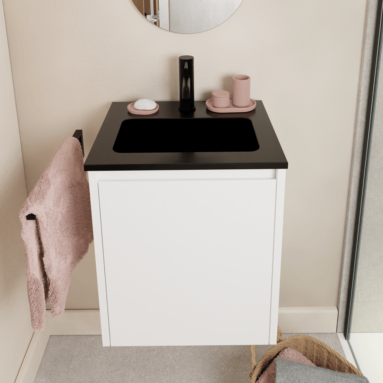 Storke Seda hängendes Möbelstück Set: 45 x 35 cm, Weiß matt, mit Scuro Einzelwaschtisch, Quarz Schwarz matt