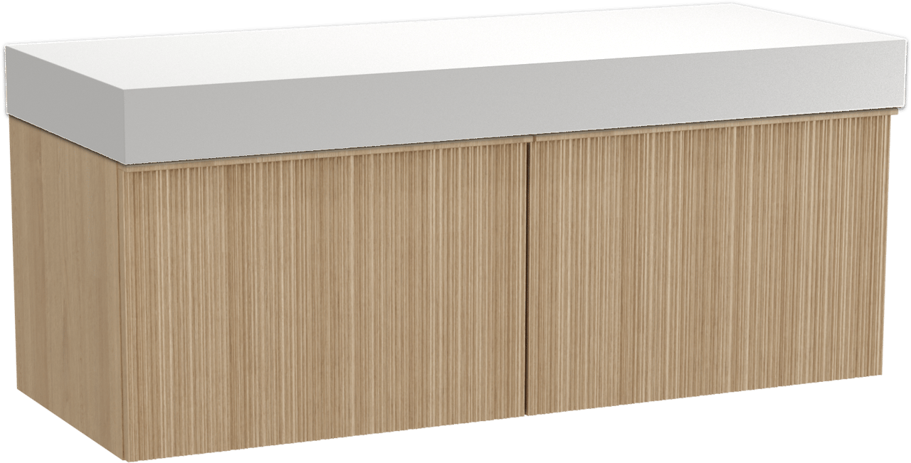 Balmani Forma hängendes Möbelstück Set: 135 x 55 cm, Naturbelassene Eiche, mit Dominus Einzel- oder Doppel Waschtischplatte, Solid Surface, Weiß matt, Vertikale asymmetrische Runde Rippe