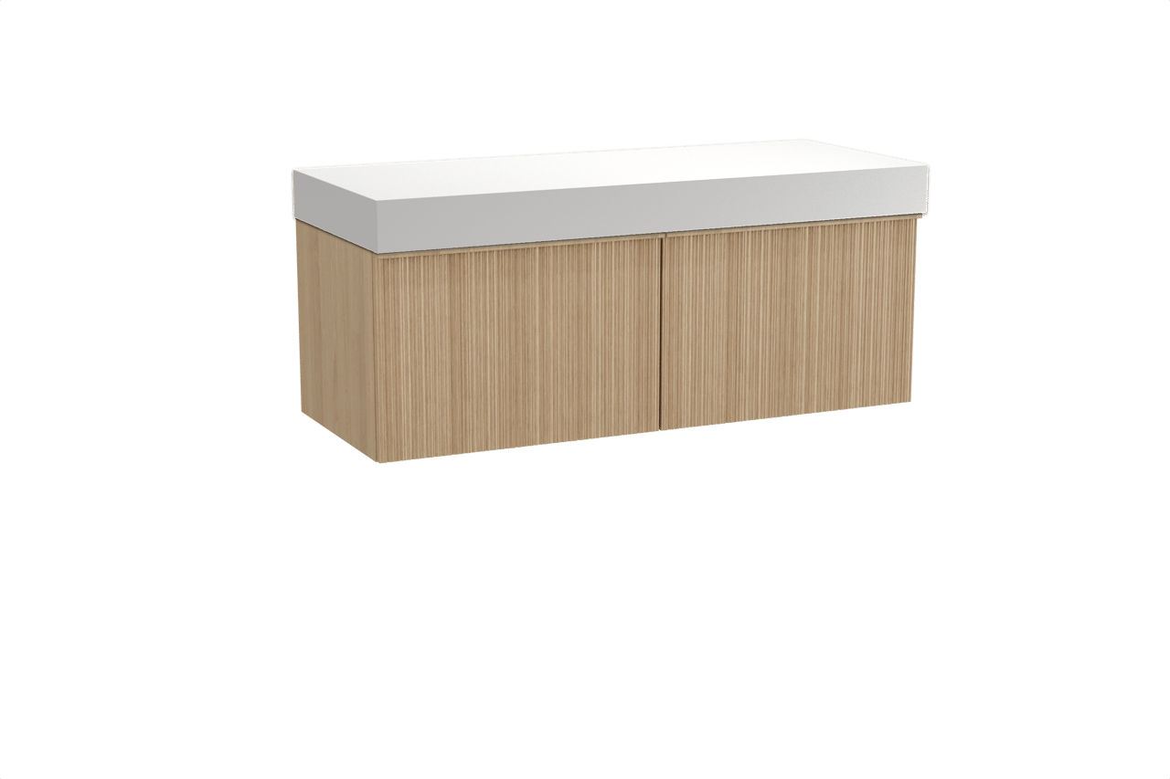 Balmani Forma hängendes Möbelstück Set: 135 x 55 cm, Naturbelassene Eiche, mit Dominus Einzel- oder Doppel Waschtischplatte, Solid Surface, Weiß matt, Vertikale asymmetrische Runde Rippe