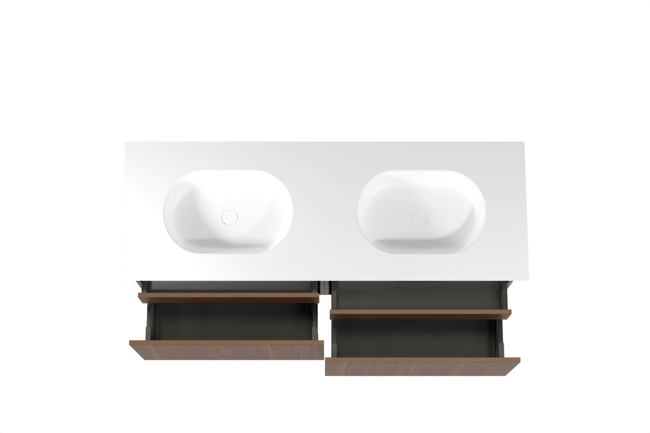 Balmani Sfera hängendes Möbelstück Set: 150 x 55 cm, Amerikanischer Nussbaum, mit Tablo Oval Doppelwaschtisch, Solid Surface Weiß matt