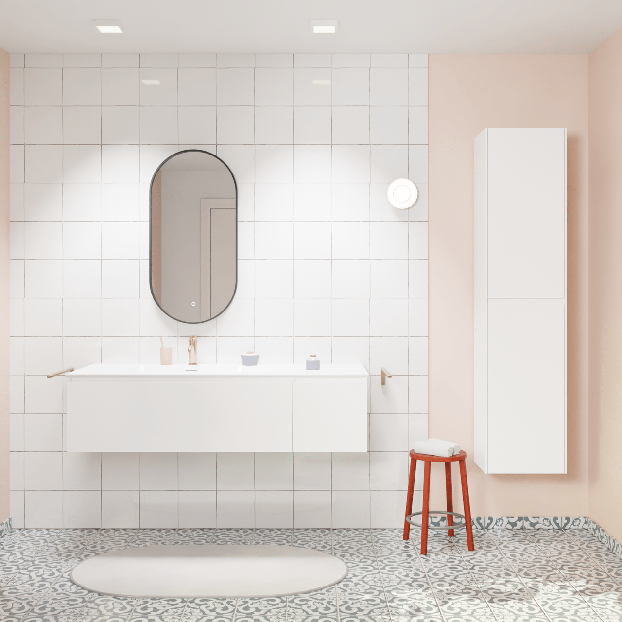 Storke Edge hängendes Möbelstück Set: 140 x 52 cm, Weiß glänzend, mit Mata Waschtisch links, Solid Surface Weiß matt