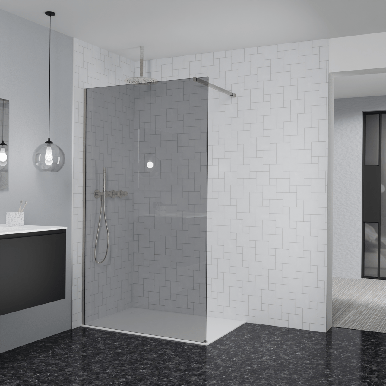 Balmani Modular douche à l'italienne: 120 x 200 cm, Verre fumé, avec coating, Profil Brushed CoolMetal