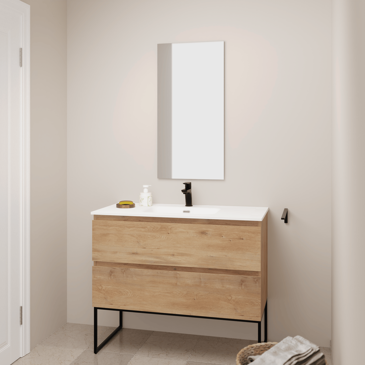 Linie Lado freistehendes Möbelstück Set: 100 x 46 cm, Naturbelassene Eiche, mit Baro Einzelwaschtisch, Porzellan Weiß glänzend mit Lado dekorativer Rahmen und Soto Badspiegel