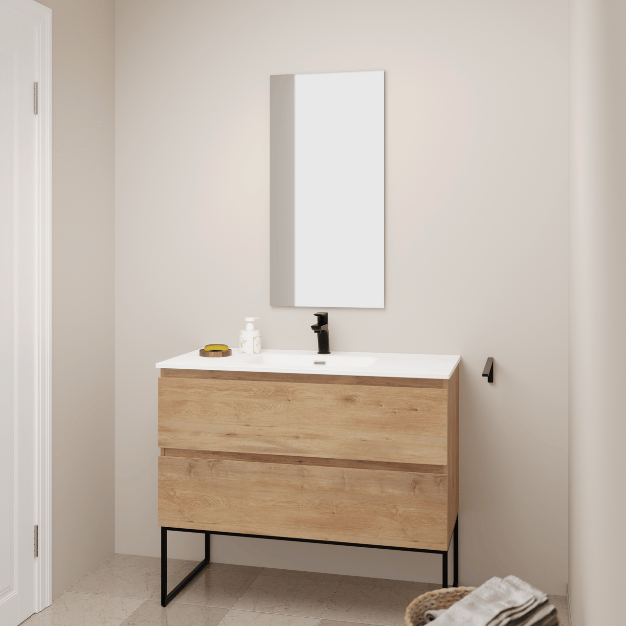 Linie Lado freistehendes Möbelstück Set: 100 x 46 cm, Naturbelassene Eiche, mit Baro Einzelwaschtisch, Porzellan Weiß glänzend mit Lado dekorativer Rahmen und Soto Badspiegel