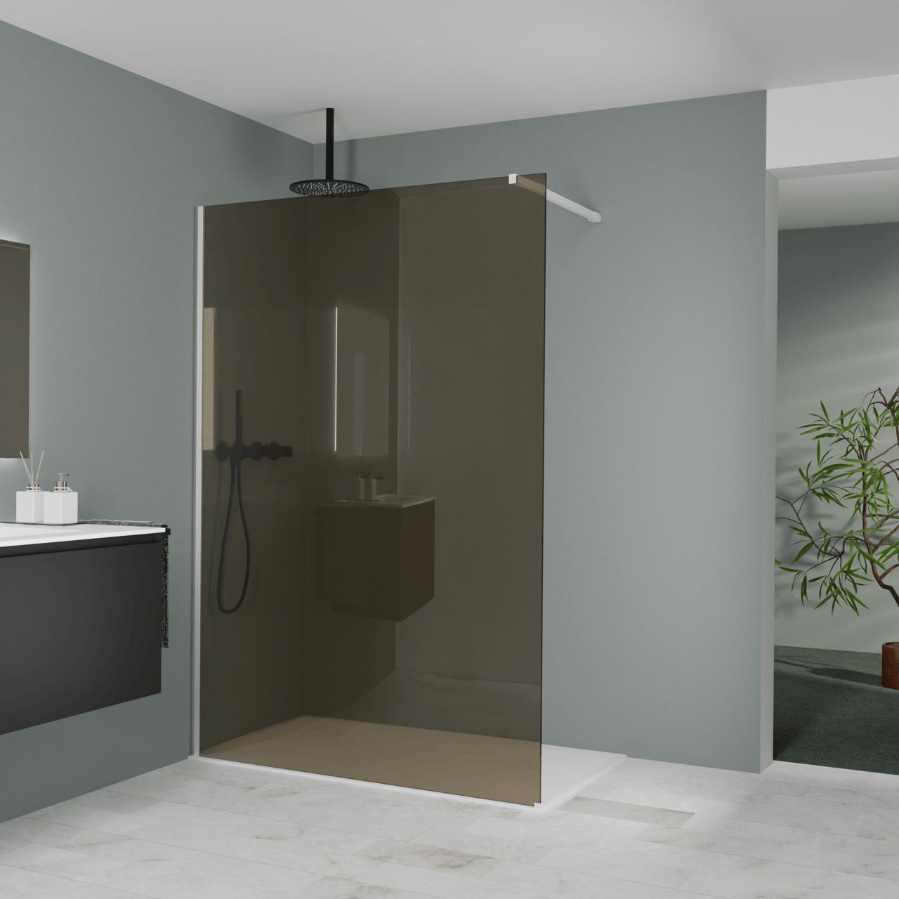 Balmani Modular Walk-In Dusche: 140 x 200 cm, Bronze Glas, inklusive Coating, Profil Weiß matt