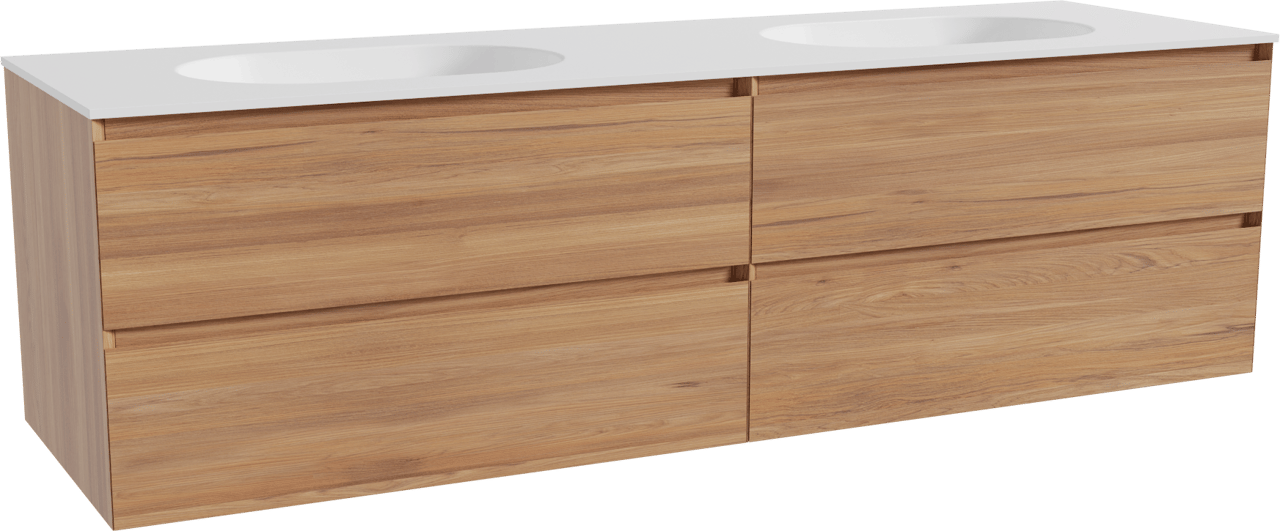 Balmani Mitra meuble salle de bains suspendu 180 x 55 cm teck avec Tablo Oval double vasque en solid surface blanc mat