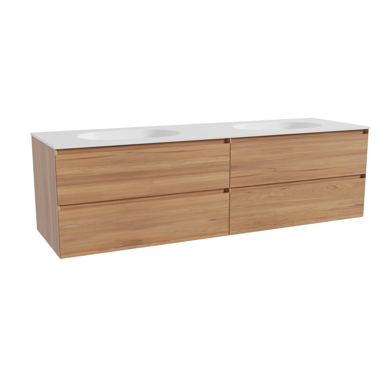 Balmani Mitra zwevend badkamermeubel 180 x 55 cm teak met Tablo Oval dubbele wastafel in solid surface mat wit