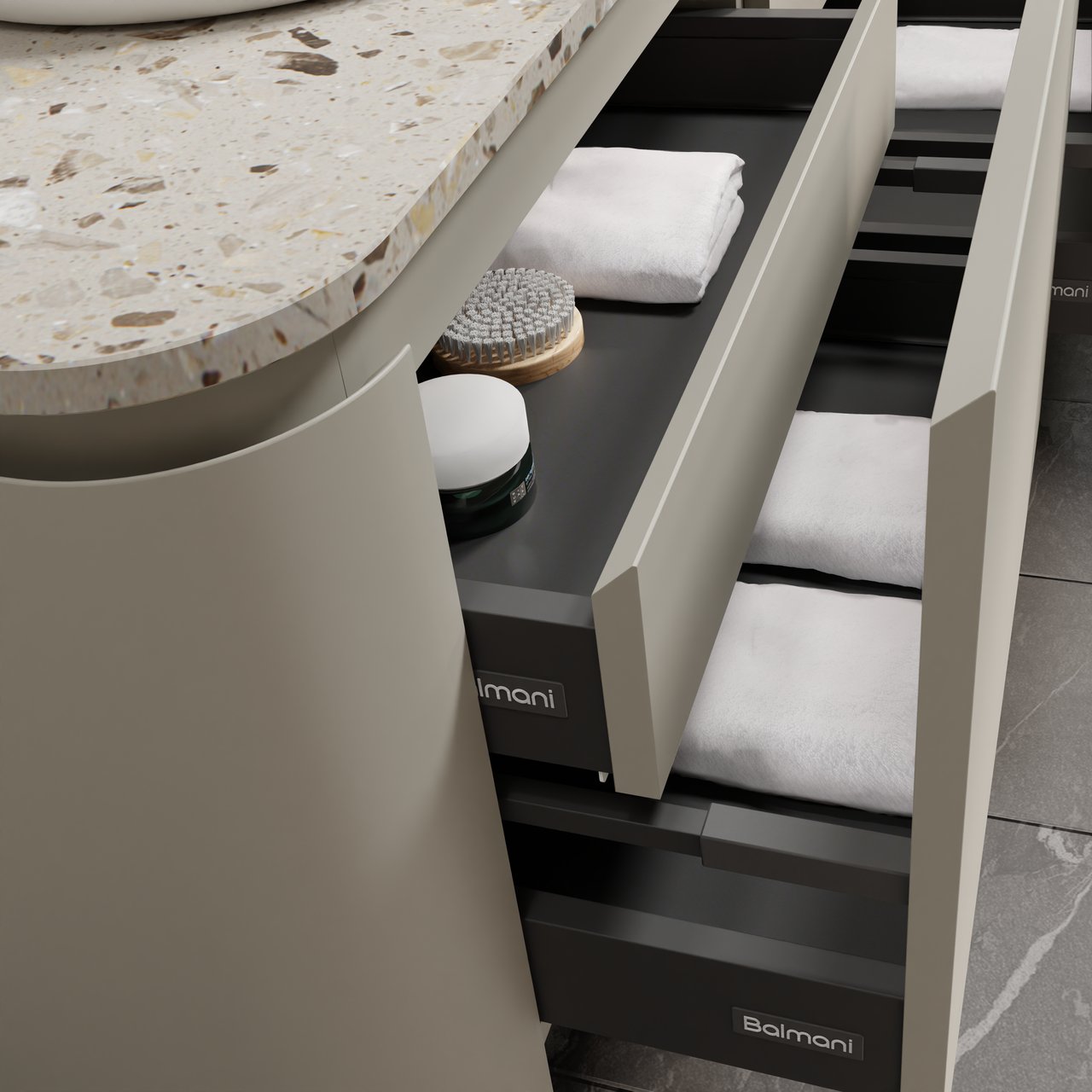 Balmani Moon hängendes Möbelstück Set: 160 x 55 cm, Seidengrau, mit Moon Einzel- oder Doppel Waschtischplatte, Terrazzo in Greige