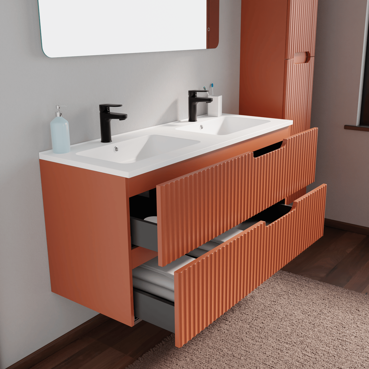 Linie Ribbo zwevend badkamermeubel 120 x 46 cm cotto met Vano dubbele wastafel in composietmarmer mat wit, Verticale symmetrische ronde ribbel