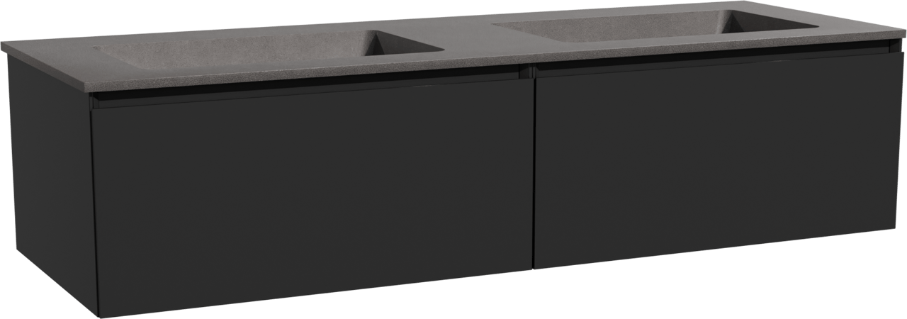 Storke Edge zwevend badmeubel 150 x 52 cm mat zwart met Scuro dubbele wastafel in kwarts mat zwart