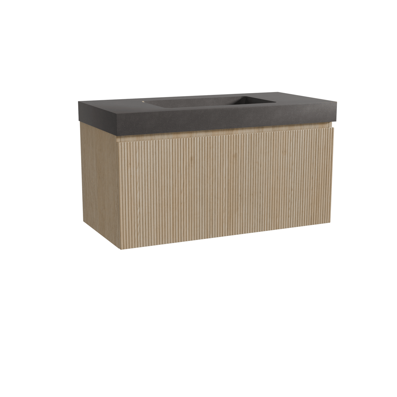 Storke Ribs meuble salle de bains suspendu 105 x 52 cm chêne brut avec Scuro High plan simple en quartz noir mat, Nervure droite symétrique verticale