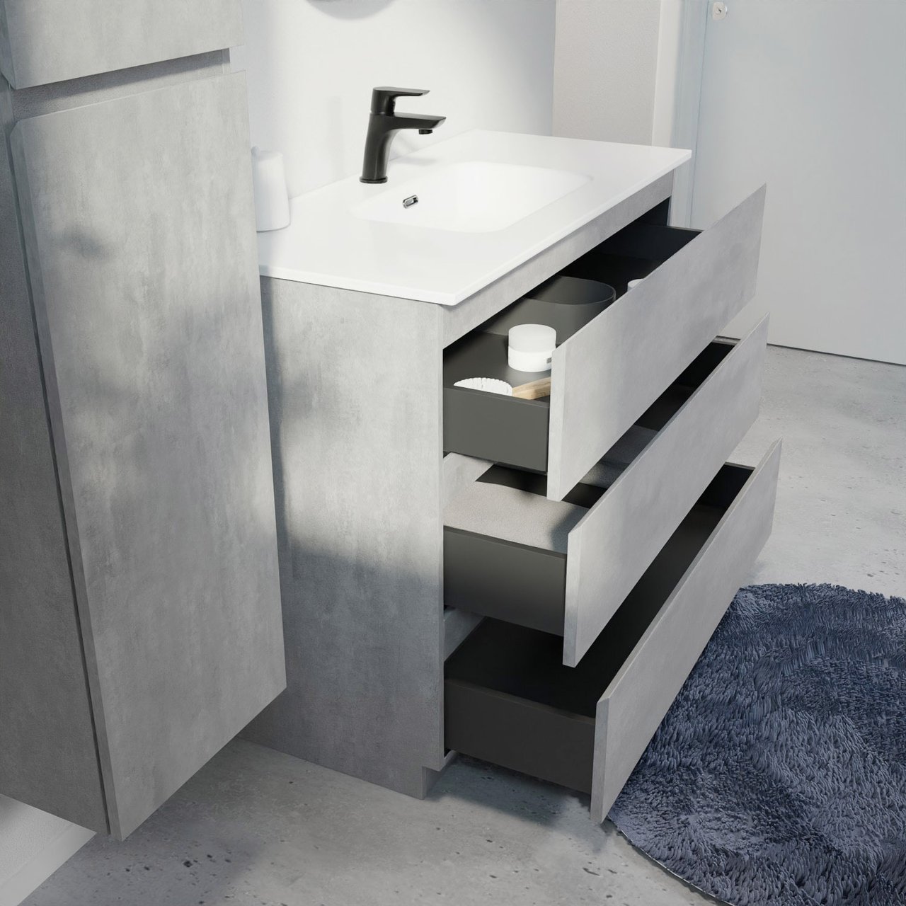 Linie Lado meuble salle de bains à poser 100 x 46 cm béton gris foncé avec Baro plan simple en porcelaine blanc brillant