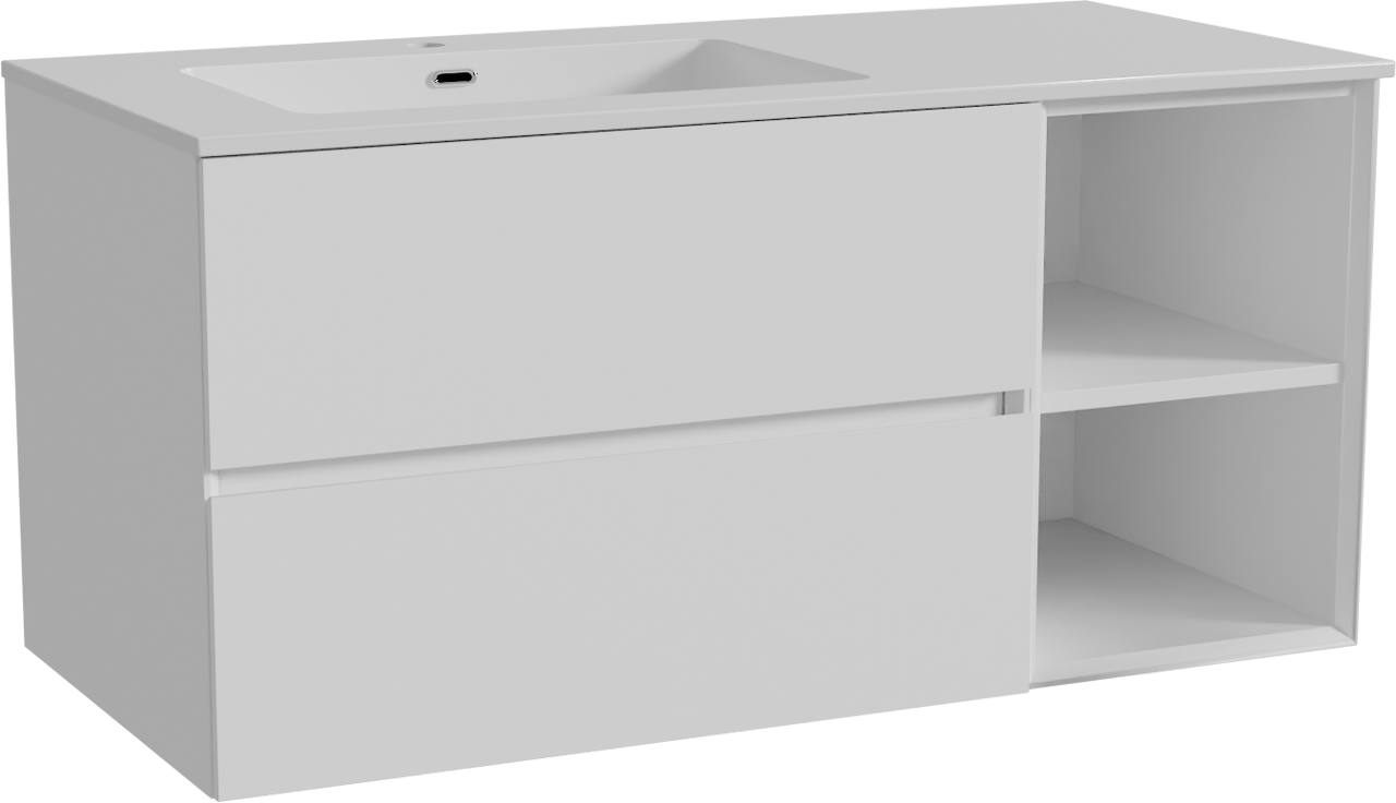 Storke Edge meuble salle de bains suspendu 110 x 52 cm blanc mat avec Diva vasque asymétrique gauche en marbre composite blanc brillant