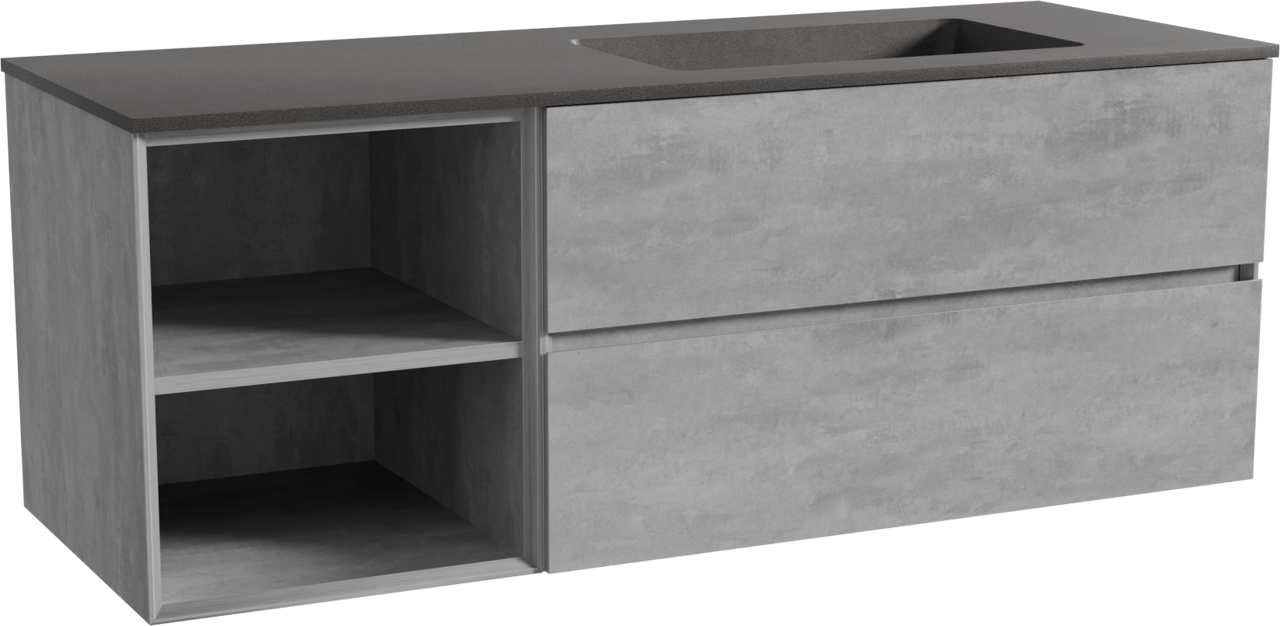 Storke Edge zwevend badmeubel 140 x 52 cm beton donkergrijs met Scuro asymmetrisch rechtse wastafel in kwarts mat zwart