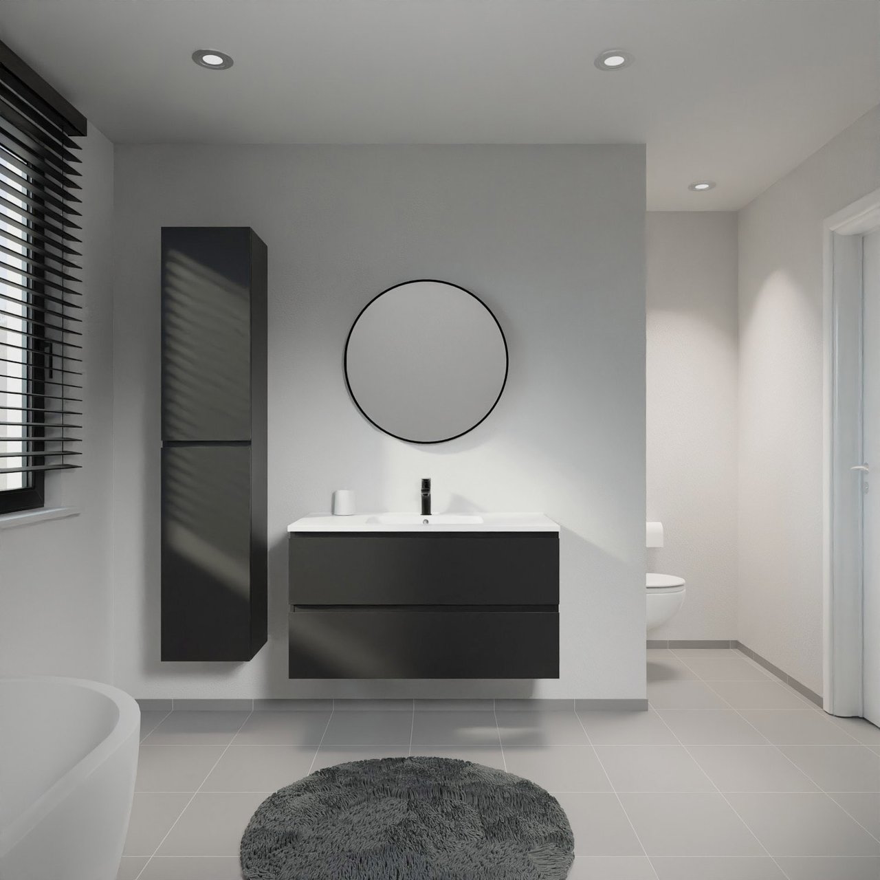 Linie Lado meuble salle de bains suspendu 100 x 46 cm noir mat avec Vano plan simple en marbre composite blanc mat