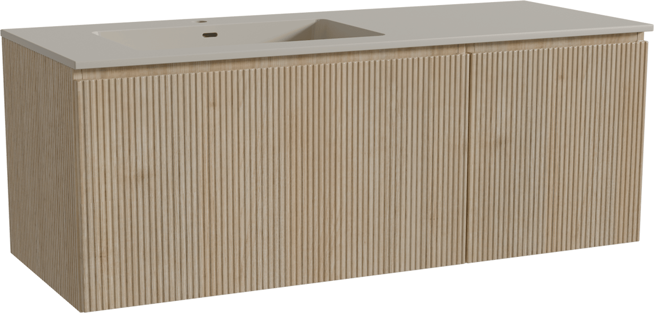 Storke Ribs zwevend badmeubel 130 x 52 cm ruw eiken met Diva asymmetrisch linkse wastafel in top solid zijdegrijs, Verticale symmetrische rechte ribbel