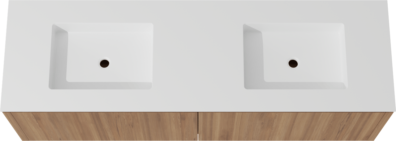 Balmani Eclips meuble salle de bains suspendu 180 x 55 cm Teck avec Tablo Stretto double vasque en Solid Surface blanc mat