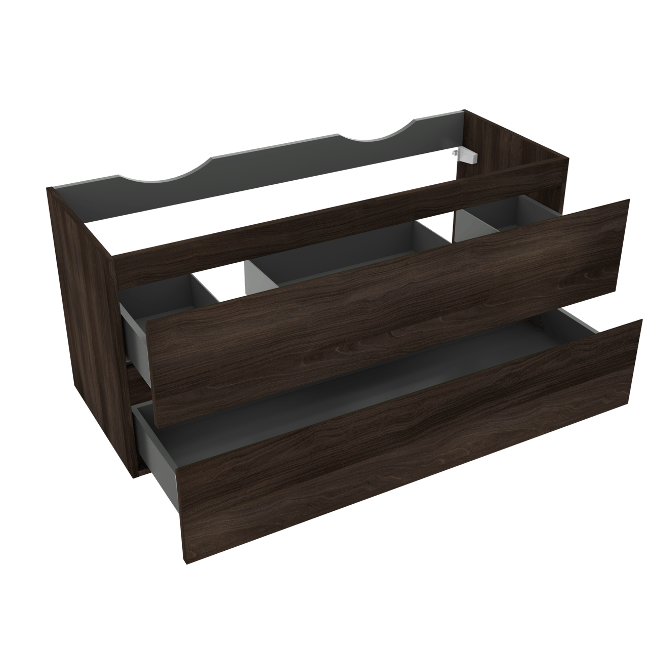 Linie Lado zwevende wastafelonderkast 120 x 46 cm donkere notenhout 2 lades 2 sifonuitsparingen