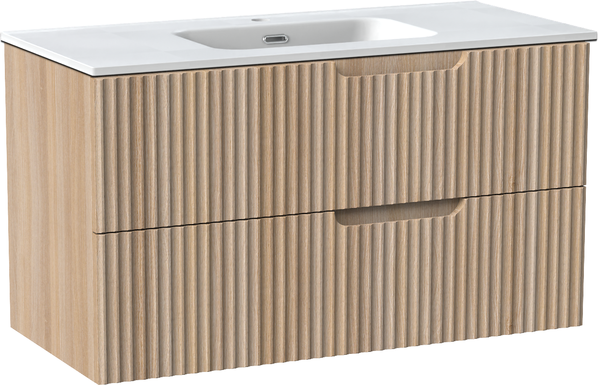 Linie Ribbo meuble salle de bains suspendu 100 x 46 cm chêne clair avec Baro plan simple en porcelaine blanc mat, Nervure circulaire symétrique verticale