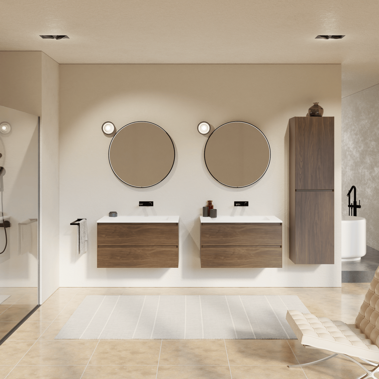 Balmani Mitra hängendes Möbelstück Set: 90 x 55 cm, Amerikanischer Nussbaum, mit Tablo Strada Einzelwaschtisch, Marmorkomposit Weiß matt