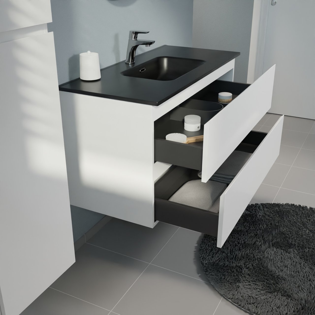 Linie Lado meuble salle de bains suspendu 100 x 46 cm blanc mat avec Baro plan simple en porcelaine noir mat