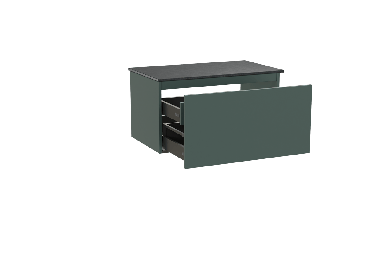 Balmani Sfera hängendes Möbelstück Set: 90 x 55 cm, Forest, mit Stretto Einzel Waschtischplatte, Schwarzes Granit