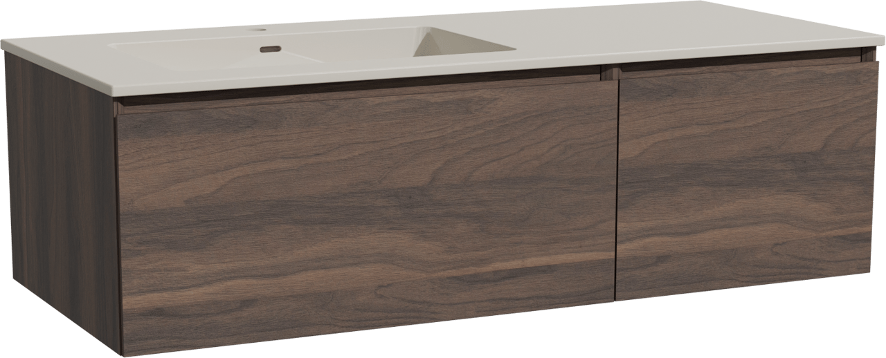 Storke Edge zwevend badkamermeubel 120 x 52 cm notelaar met Diva asymmetrisch linkse wastafel in top solid zijdegrijs