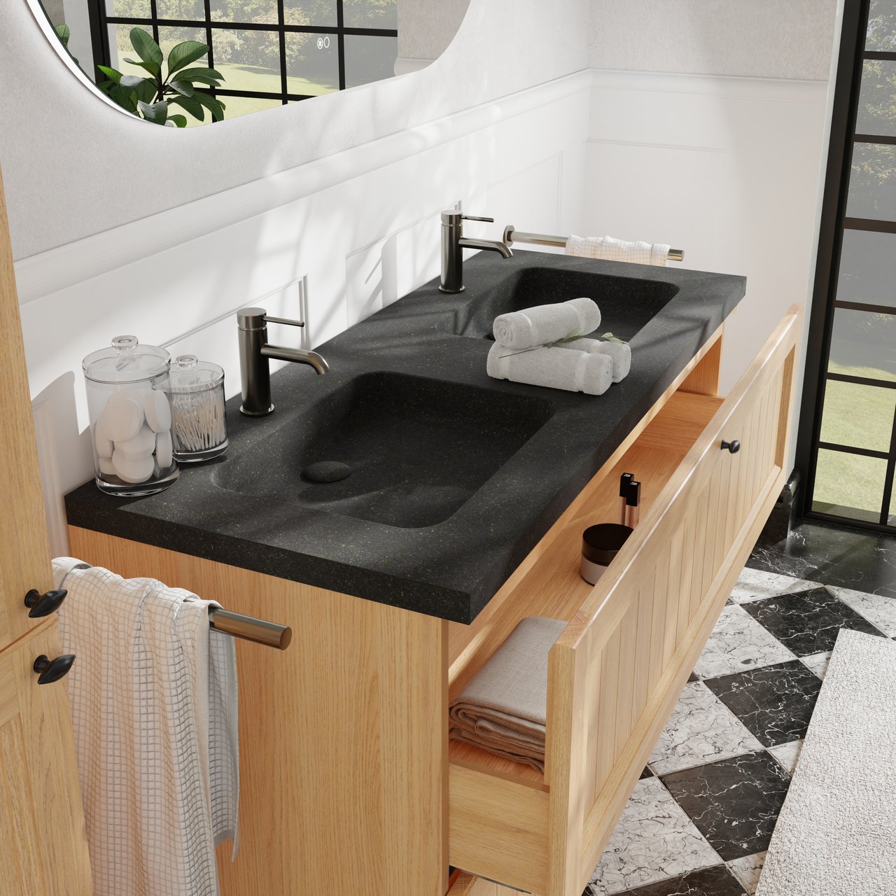 Balmani Lemon stehender Waschbeckenunterschrank: 135 x 55 cm, Naturbelassene Eiche Furnier, 2 Schubladen