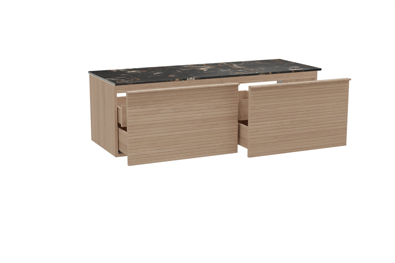 Balmani Forma zwevend badkamermeubel 150 x 55 cm natuur eik met Stretto enkel of dubbel tablet in marmer portoro gold, Horizontale symmetrische rechte ribbel