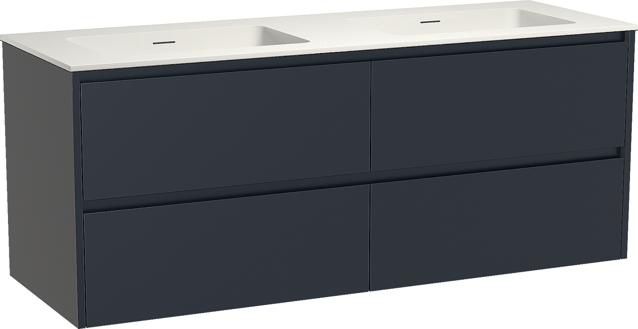 Storke Seda zwevend badmeubel 150 x 52 cm nachtblauw met Mata dubbele wastafel in solid surface mat wit