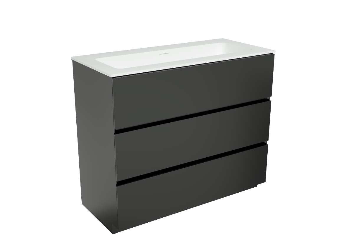 Storke Edge freistehendes Möbelstück Set: 100 x 46 cm, Schwarz matt, mit Mata Einzelwaschtisch, Solid Surface Weiß matt