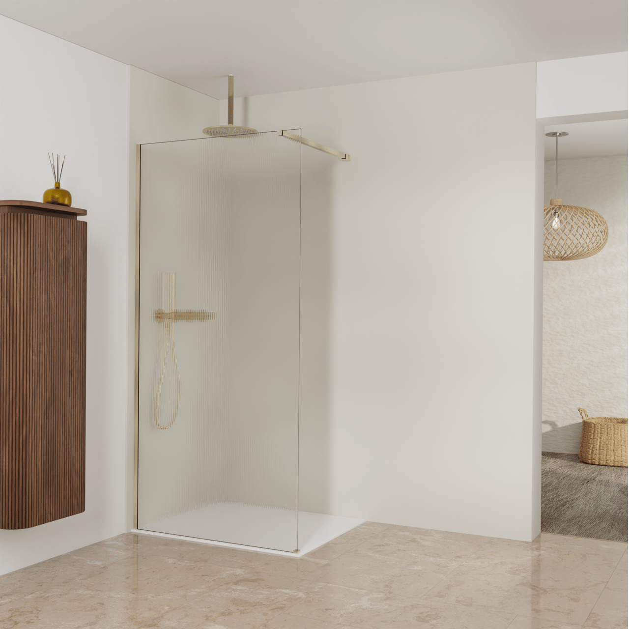 Balmani Modular Walk-In Dusche: 100 x 200 cm, Ribs, inklusive Coating, Profil Brushed Champagne Gold