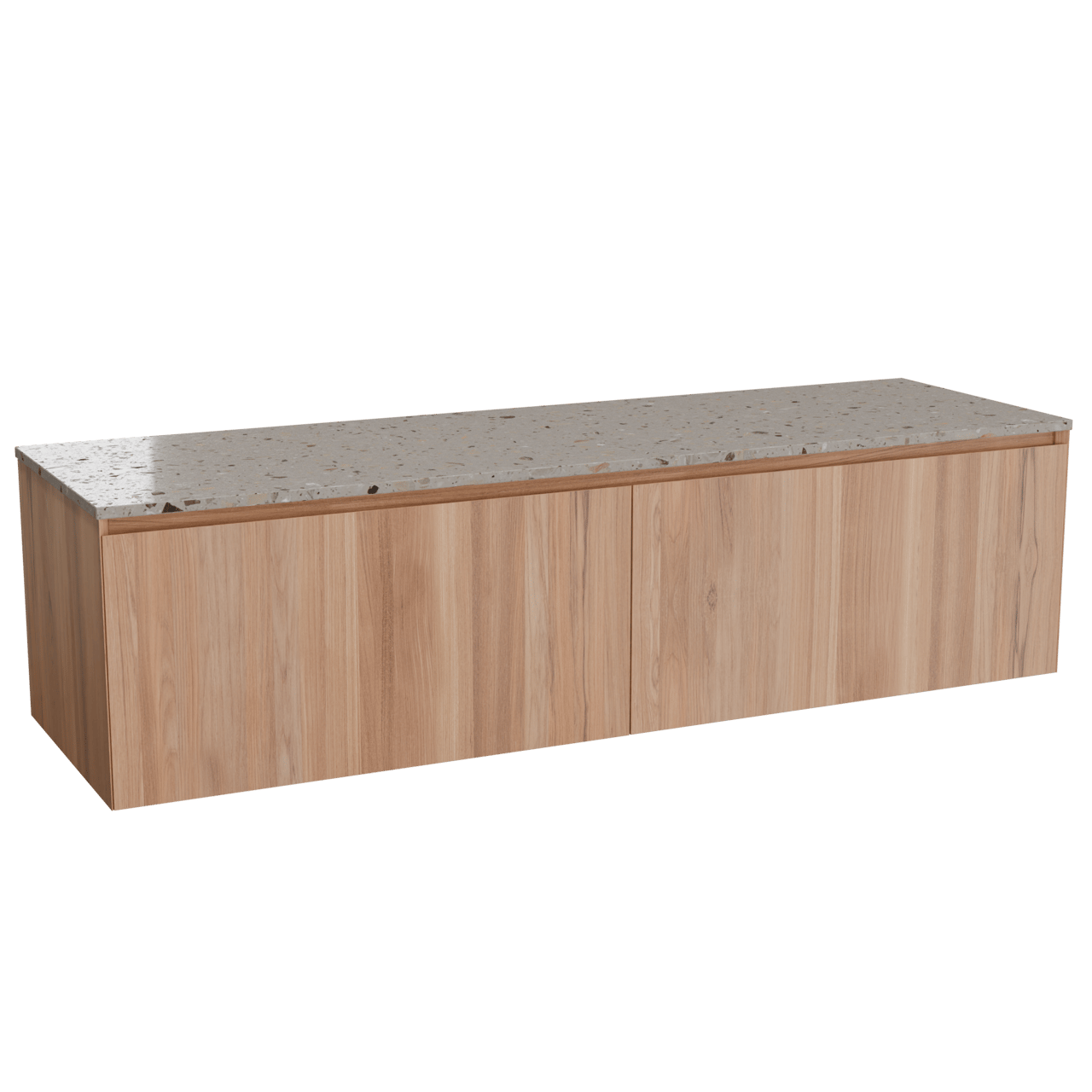 Balmani Idra hängendes Möbelstück Set: 180 x 55 cm, Teak, mit Stretto Einzel- oder Doppel Waschtischplatte, Terrazzo in Greige