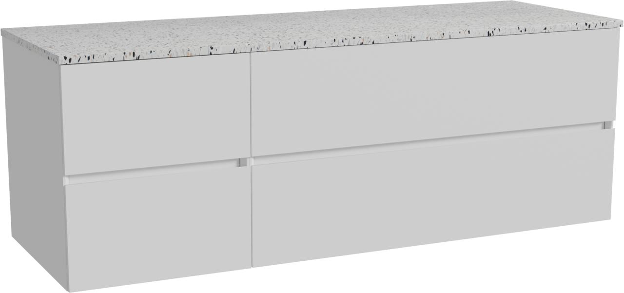 Storke Edge zwevend badmeubel 150 x 52 cm mat wit met Tavola enkel of dubbel wastafelblad in mat wit/zwart terrazzo