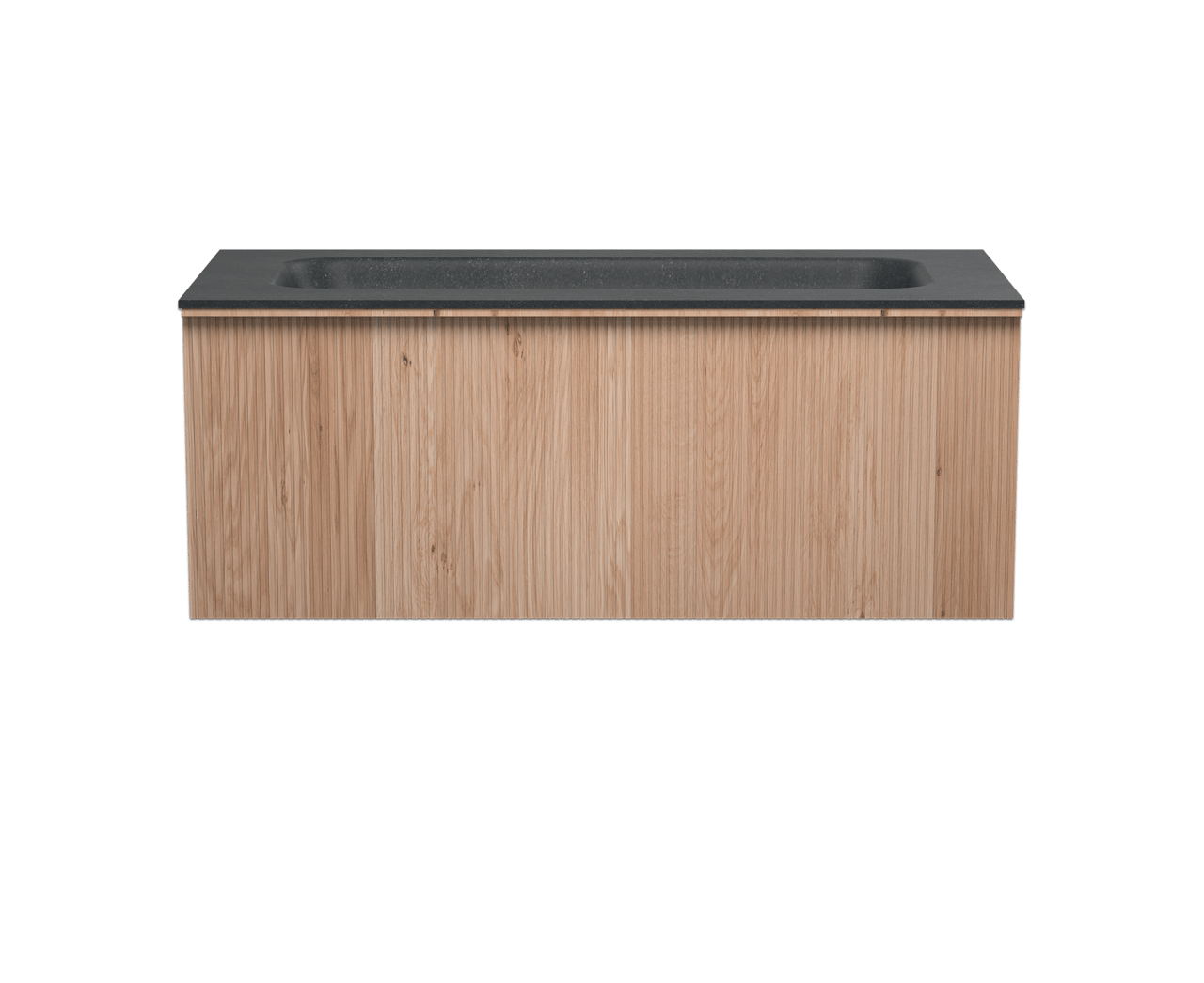 Balmani Forma zwevend badkamermeubel 120 x 55 cm natuur eik met Tablo Arcato enkele wastafel voor 2 kraangaten in graniet zwart, Verticale symmetrische rechte ribbel