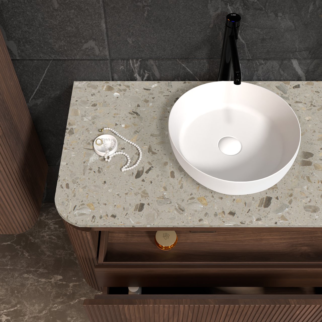 Balmani Moon meuble salle de bains suspendu 130 x 55 cm noyer américain avec Moon tablette simple ou double en terrazzo greige terrazzo, Nervure droite symétrique verticale