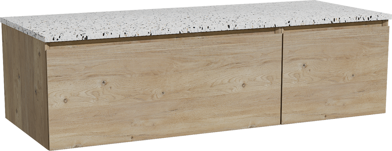 Storke Edge hängendes Möbelstück Set: 130 x 52 cm, Rohe Eiche, mit Tavola Einzel- oder Doppel Waschtischplatte, Terrazzo in Weiß/Schwarz matt