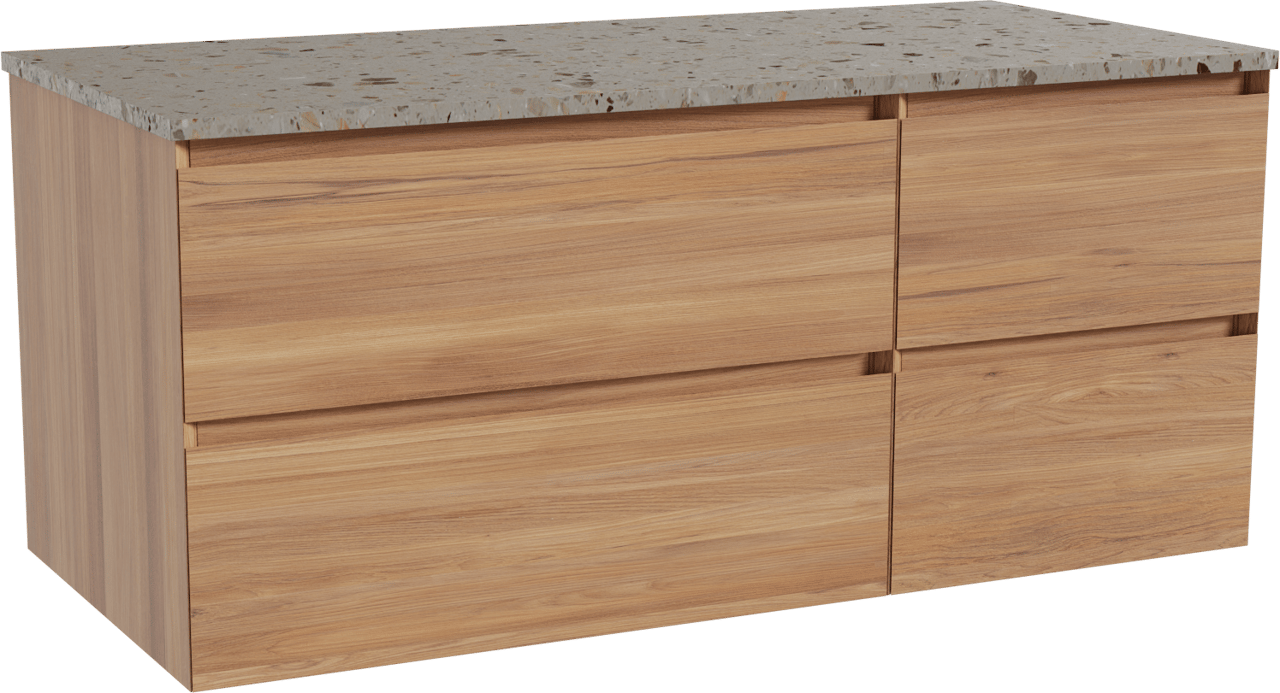 Balmani Mitra zwevend badkamermeubel 120 x 55 cm teak met Stretto enkel of dubbel tablet in terrazzo greige terrazzo
