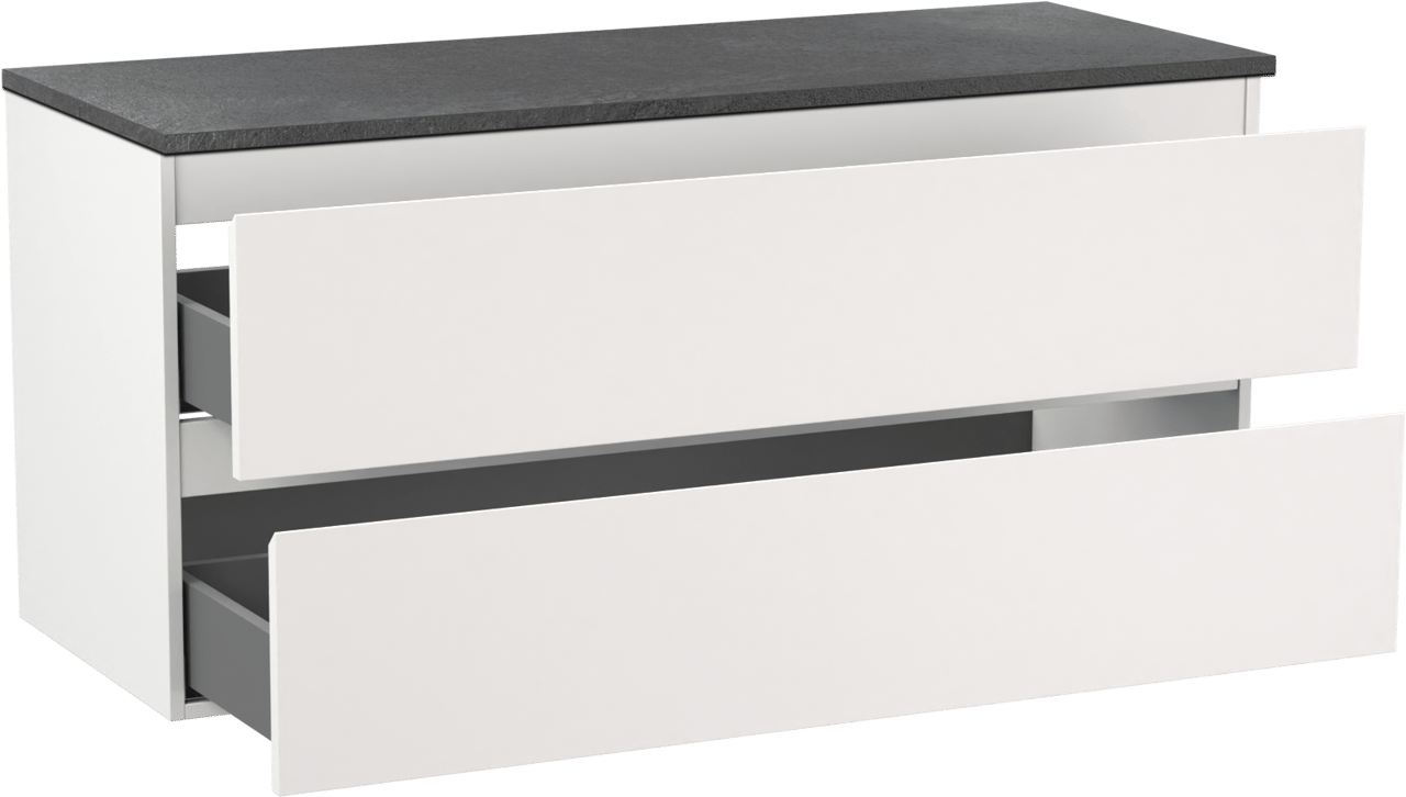 Linie Lado hängendes Möbelstück Set: 120 x 46 cm, Weiß matt, mit Lado Einzel- oder Doppel Waschtischplatte, Melamin Schiefergrau