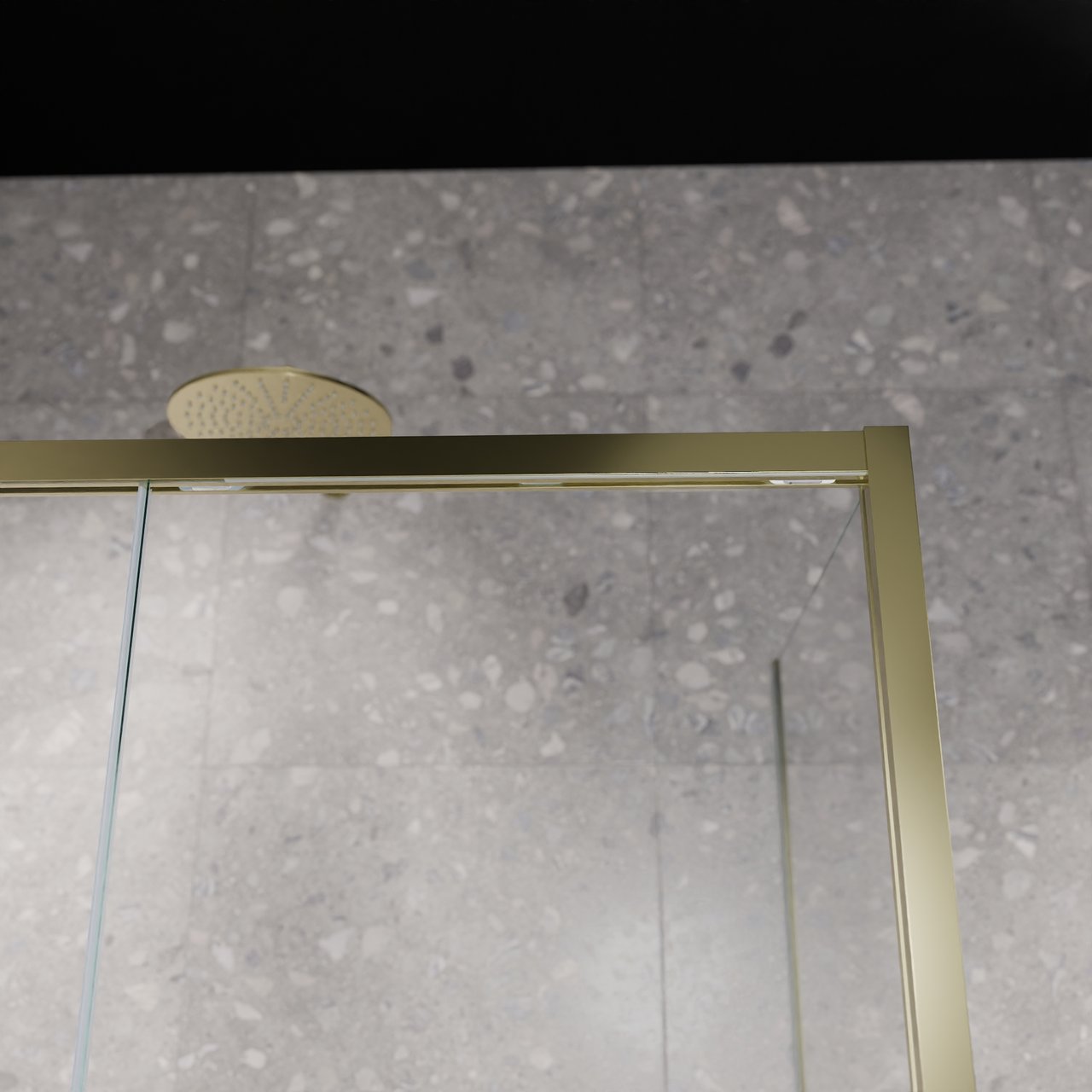 Balmani Senses Design douche en coin avec porte coulissante à gauche et paroi latérale fixe, 120 x 70 cm, Verre transparent, Profil Brushed Champagne Gold