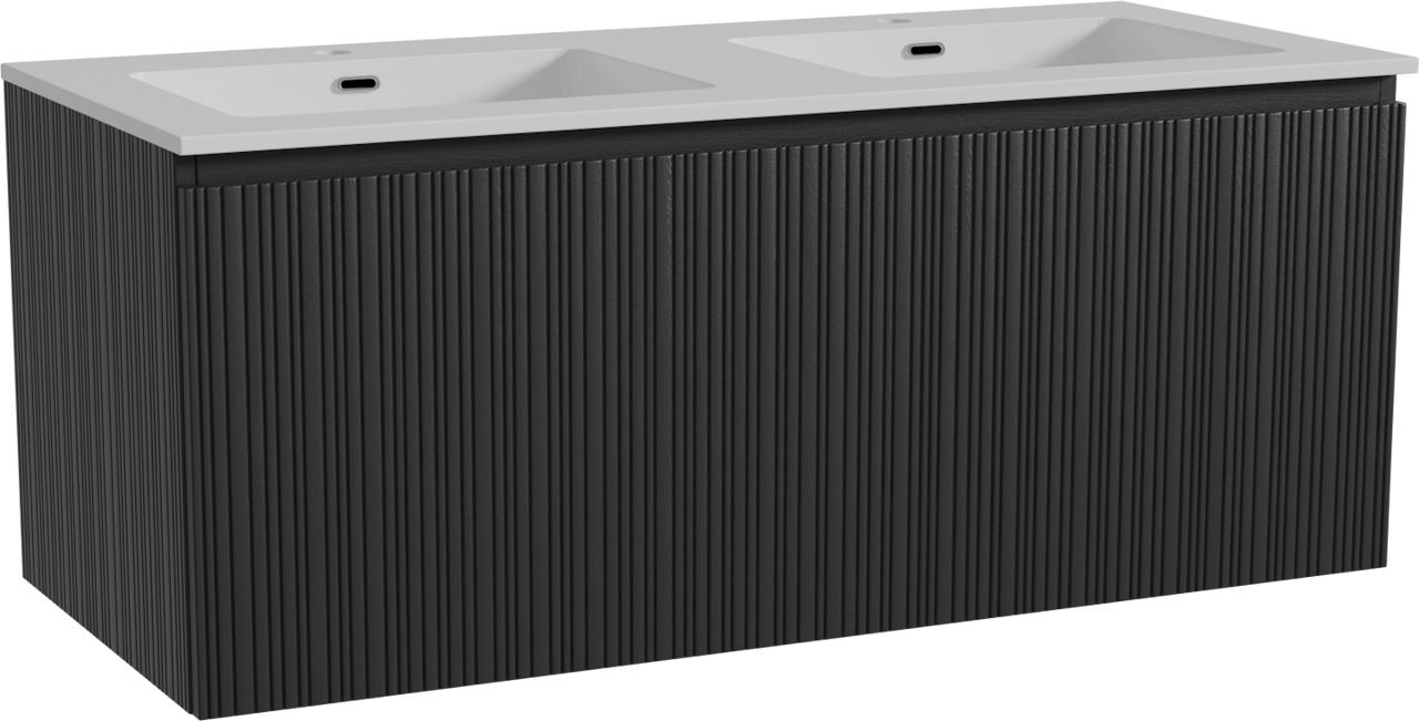 Storke Ribs zwevend badmeubel 120 x 52 cm zwart eiken met Diva dubbele wastafel in composietmarmer hoogglans wit, Verticale asymmetrische rechte ribbel