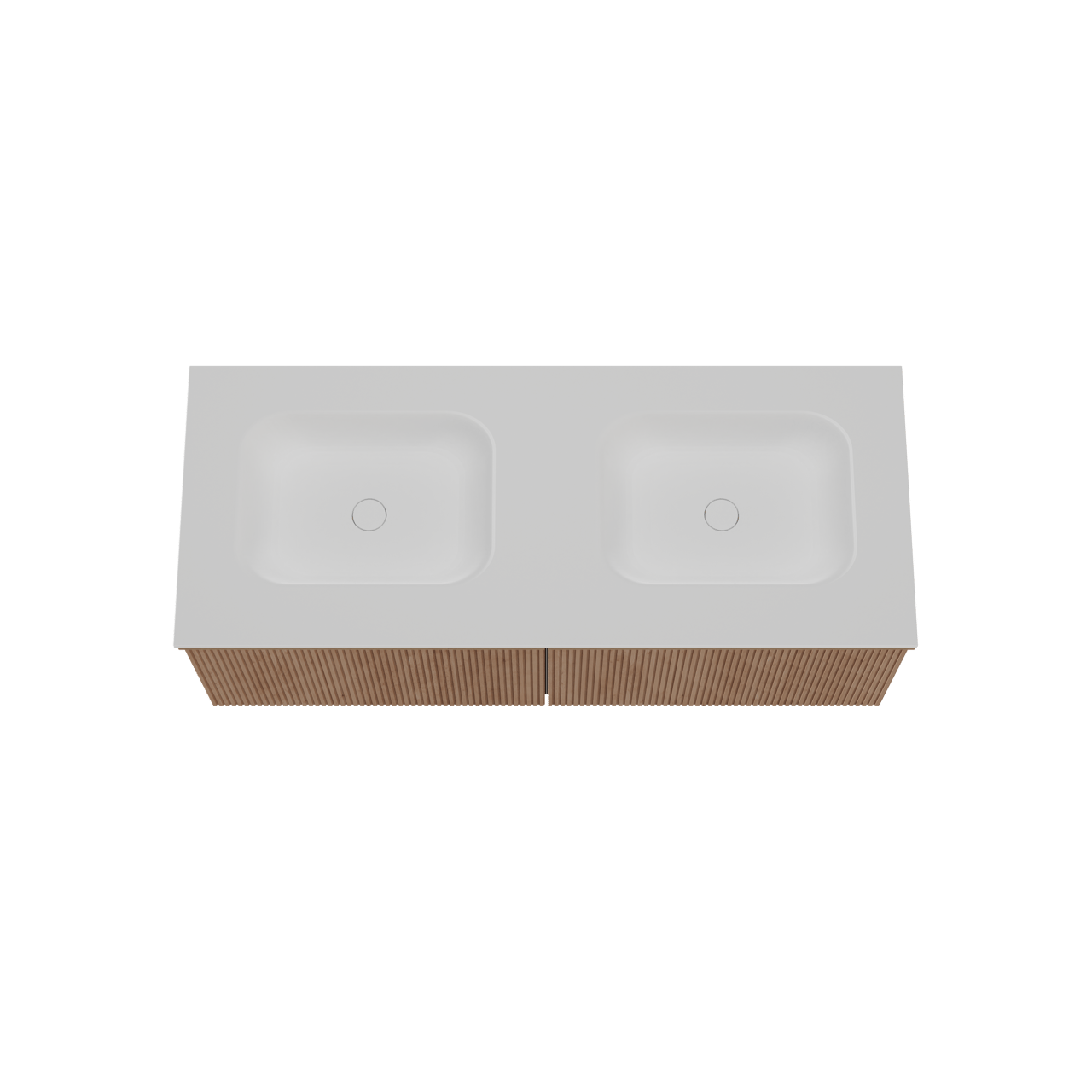 Balmani Forma zwevend badkamermeubel 135 x 55 cm natuur eik met Tablo Arcato dubbele wastafel in solid surface mat wit, Verticale symmetrische rechte ribbel