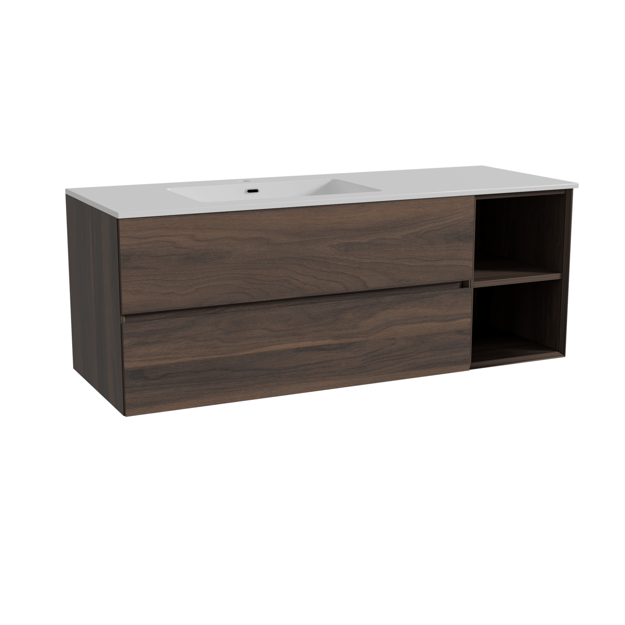 Storke Edge zwevend badkamermeubel 140 x 52 cm notelaar met Diva asymmetrisch linkse wastafel in composietmarmer glanzend wit