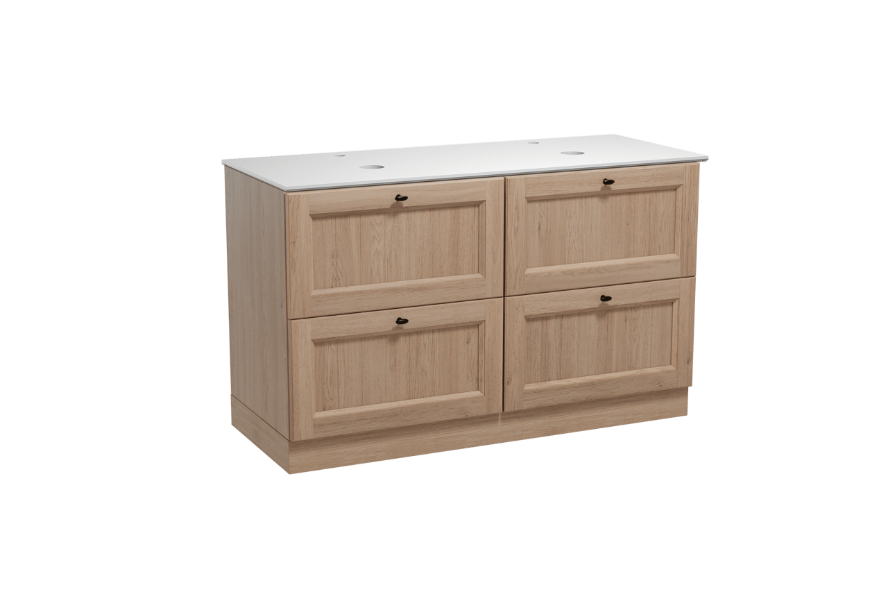 Balmani Lemon staand badmeubel 135 x 55 cm verweerd eiken met Facetta dubbel wastafelblad in solid surface mat wit