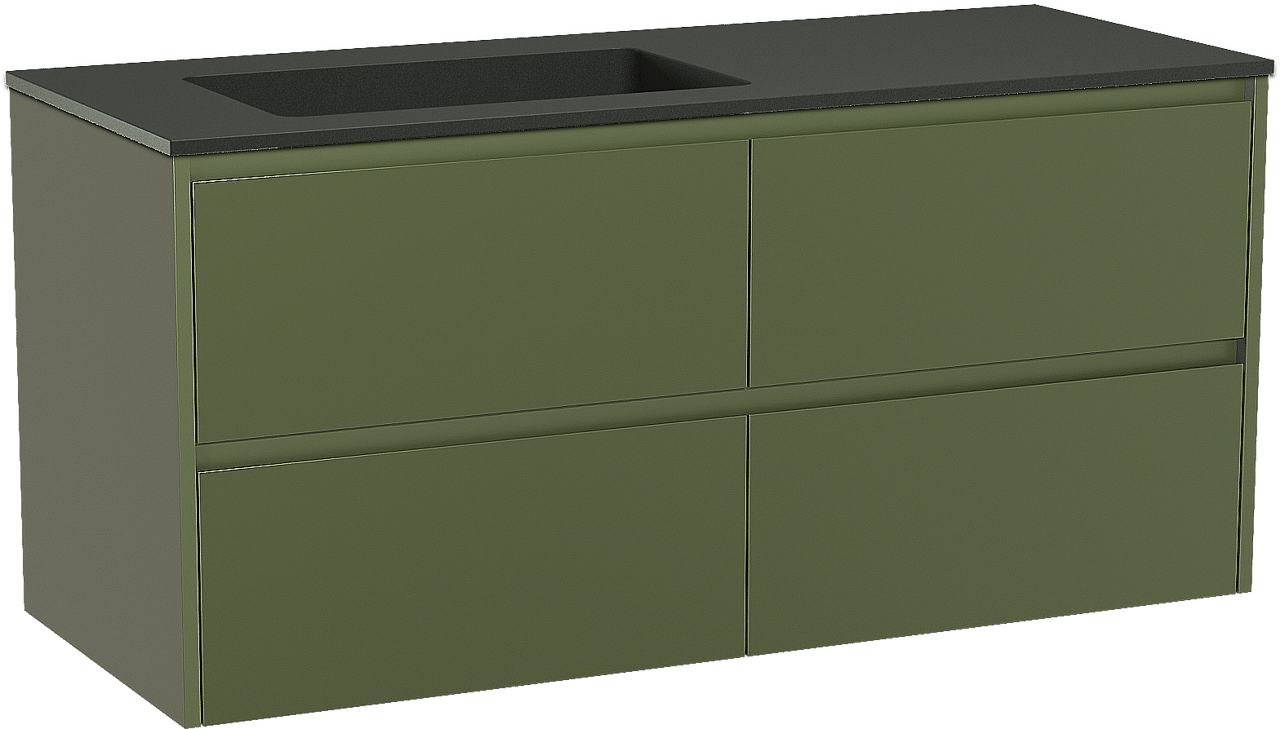 Storke Seda zwevend badmeubel 130 x 52 cm olijfgroen met Scuro asymmetrisch linkse wastafel in kwarts mat zwart